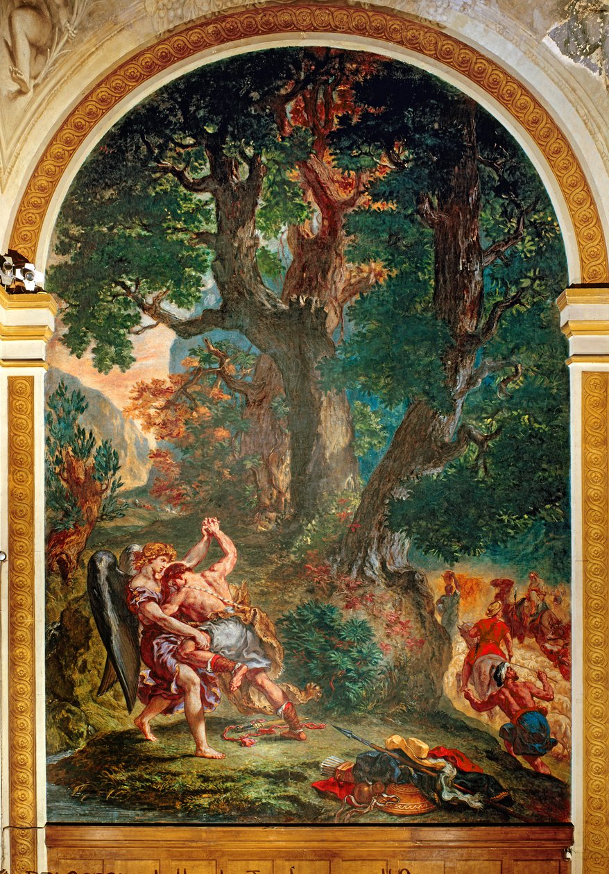 Yakup ve Melek arasındaki savaş, 1850-61 (alçı üzerine yağ ve mum) (bkz. detay 252678) by Ferdinand Victor Eugene Delacroix