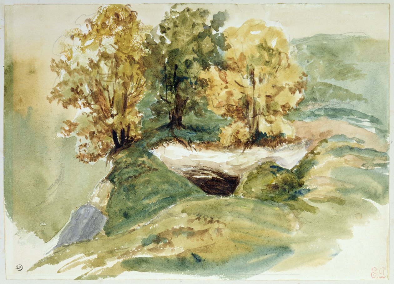 Bir tepenin kenarında üç ağaç by Ferdinand Victor Eugene Delacroix