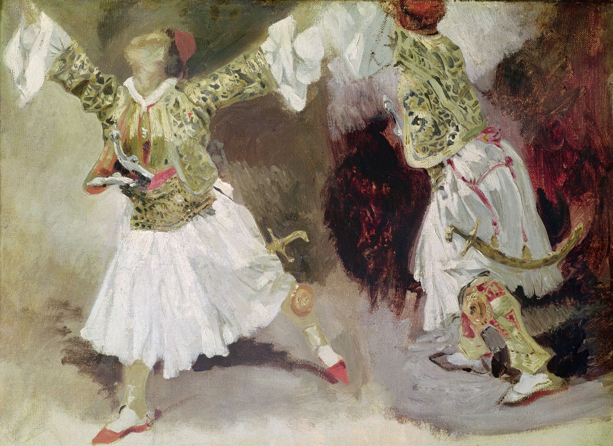 Two Greek Soldiers Dancing (Study of Soliote Dress)  by Ferdinand Victor Eugene Delacroix