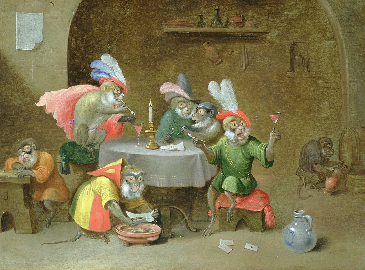 Maymunların içip sigara içtiği bir Taverna İçi (bakır üzerine yağ) by Ferdinand van Kessel