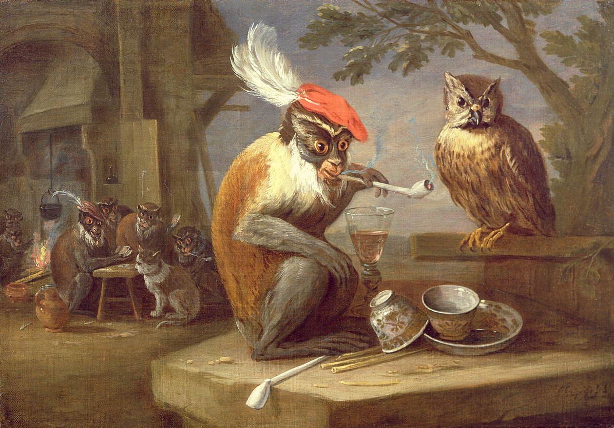 Bir baykuşla sigara içen ve içki içen bir maymun by Ferdinand van Kessel