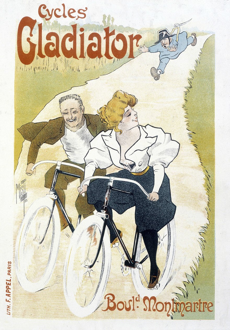 Bir Memur Tarafından Kovalanan Bisiklet Çifti - Gladyatör Döngüleri için Reklam, Misti, v.1895 by Ferdinand  Misti Mifliez