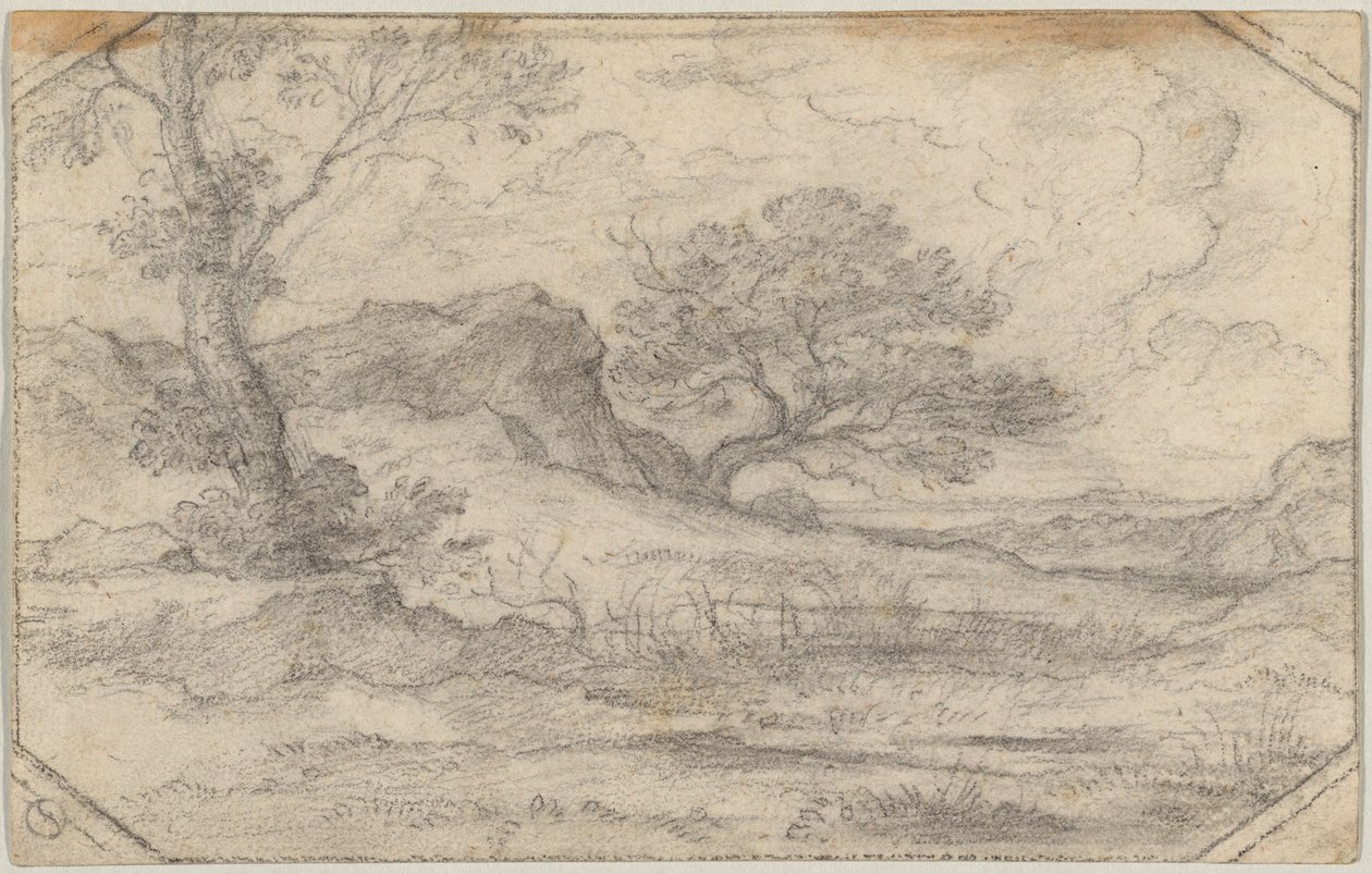 İki ağaç ve bir kaya kütlesi ile ideal manzara by Ferdinand (Johann Heinrich Ferdinand) von Olivier