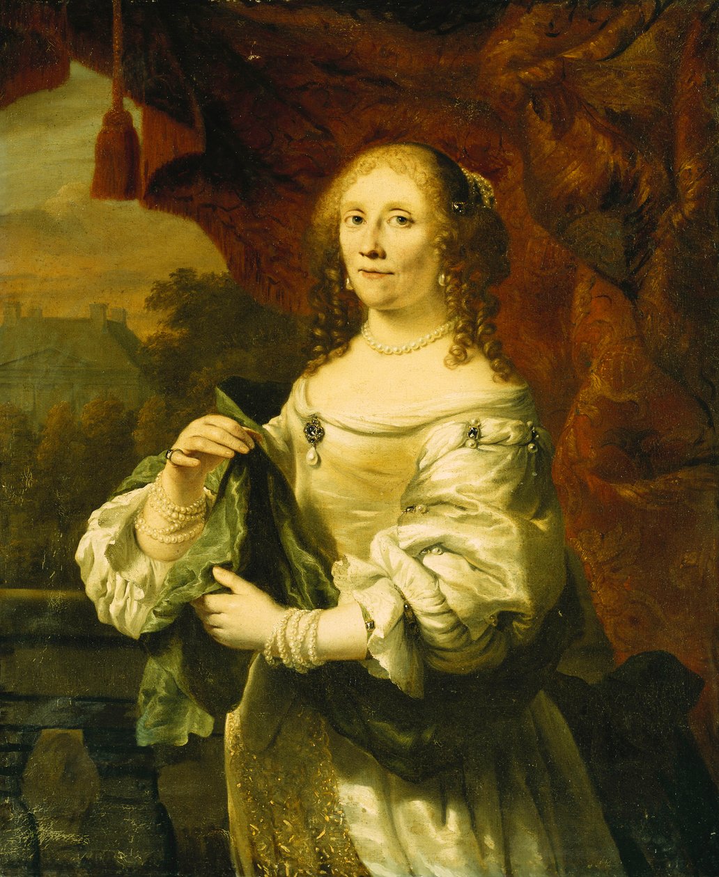 Üç Çeyrek Boyda Duran, Beyaz Saten Elbise Giymiş, Yeşil Bir Şalla Döşenmiş Bir Kadının Portresi, Balkondaki Kırmızı Perdenin Önünde, Ötesinde Bir Manzara, by Ferdinand Bol