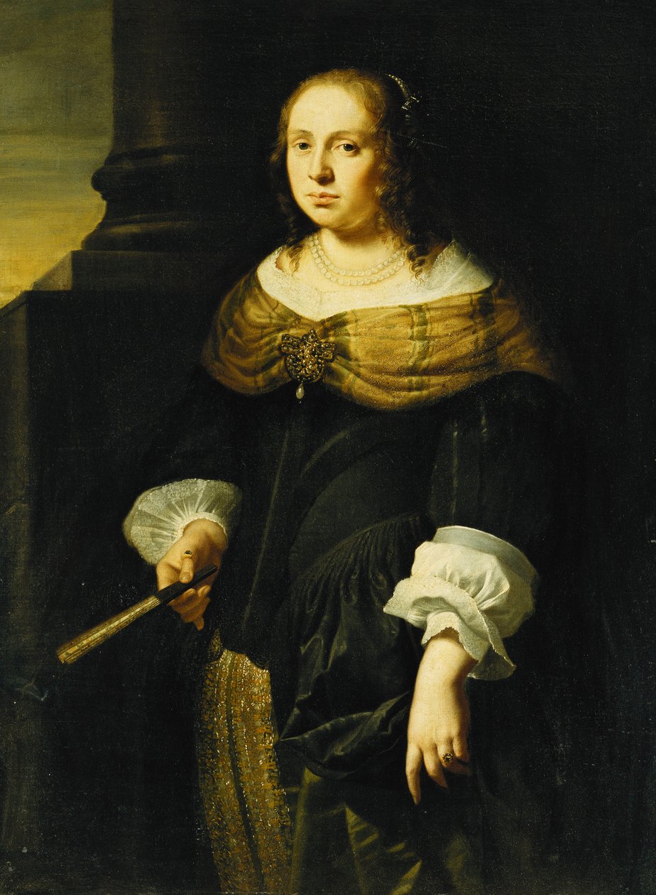 Üç Çeyrek Boylu, Siyah ve Yeşil Elbiseli, Yelpazeli, Portikoda Elinde Bir Kadın Portresi, by Ferdinand Bol