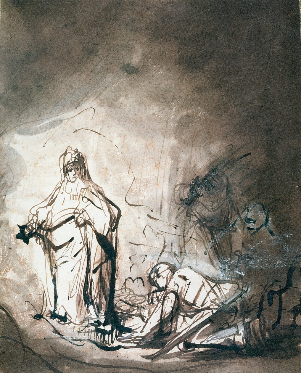 Saul ve Endor Cadısı (kağıt üzerine kalem ve mürekkep yıkama) by Ferdinand Bol