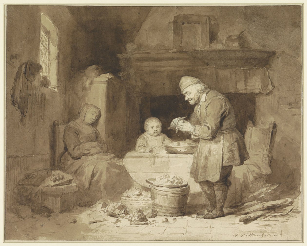Bir kadın uyuyakalmışken yaşlı bir adam patatesleri soyuyor. by Ferdinand De Braekeleer (I)