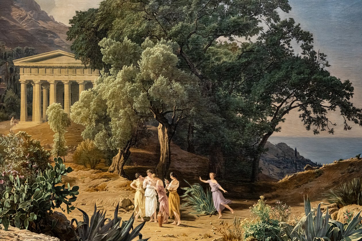 Arka planda Castelmola ve Taormina bulunan bir Dor Tapınağı by Ferdinand Georg Waldmuller
