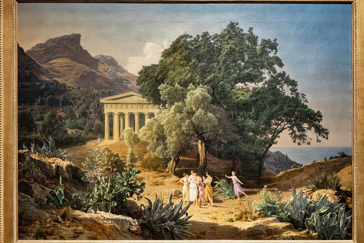 Arka planda Castelmola ve Taormina bulunan bir Dor Tapınağı by Ferdinand Georg Waldmuller