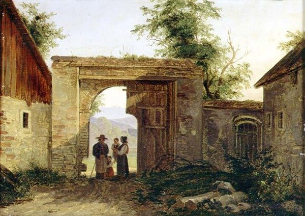 Kapısında köylülerin olduğu bir Çiftlik by Ferdinand Georg Waldmuller