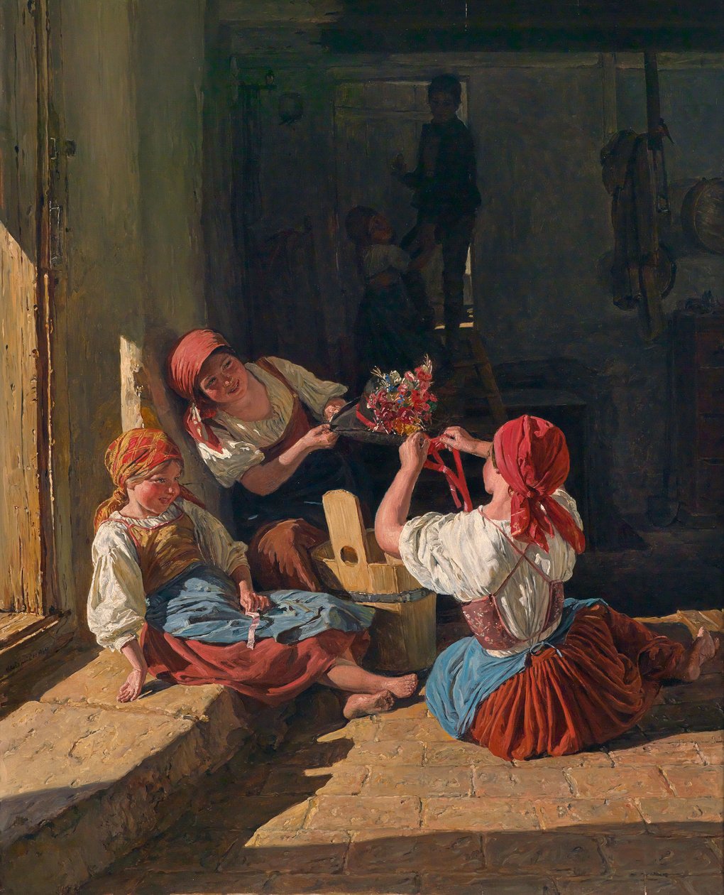 Asker şapkasını süsleyen çocuklar, 1854 by Ferdinand Georg Waldmuller