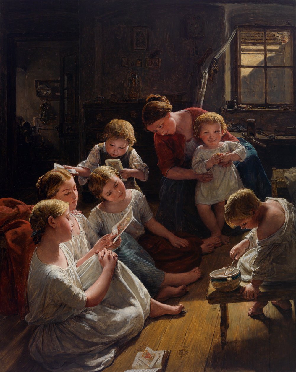 Des enfants, au matin, Regardant des images - Sabahları resimlere bakan çocuklar, Waldmuller, Ferdinand Georg (1793-1865). ahşap üzerine yağ by Ferdinand Georg Waldmuller