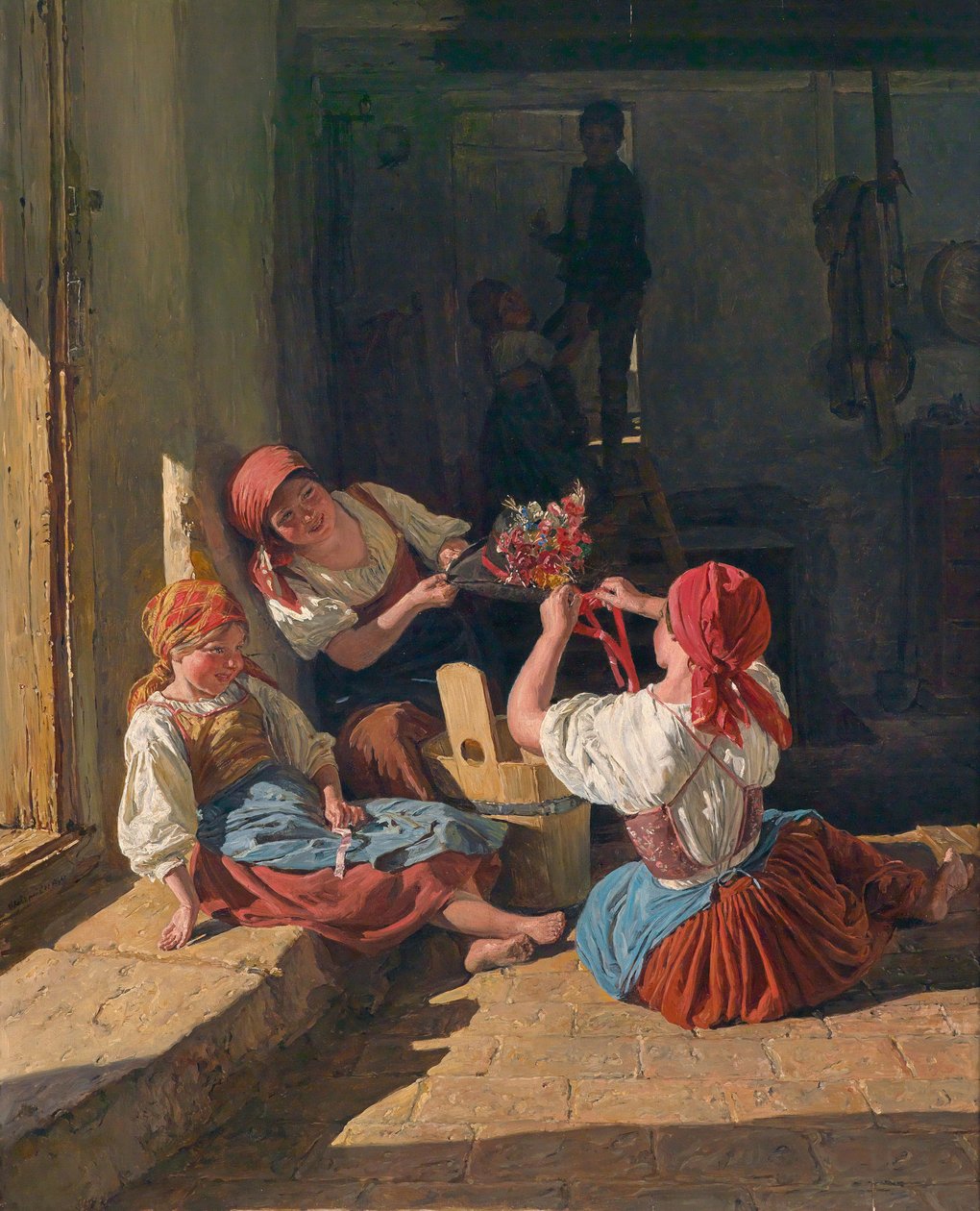 Bir askerin şapkasını süsleyen çocuklar. Ferdinand Georg Waldmuller (1793-1865), ahşap üzerine yağlı boya tablosu by Ferdinand Georg Waldmuller