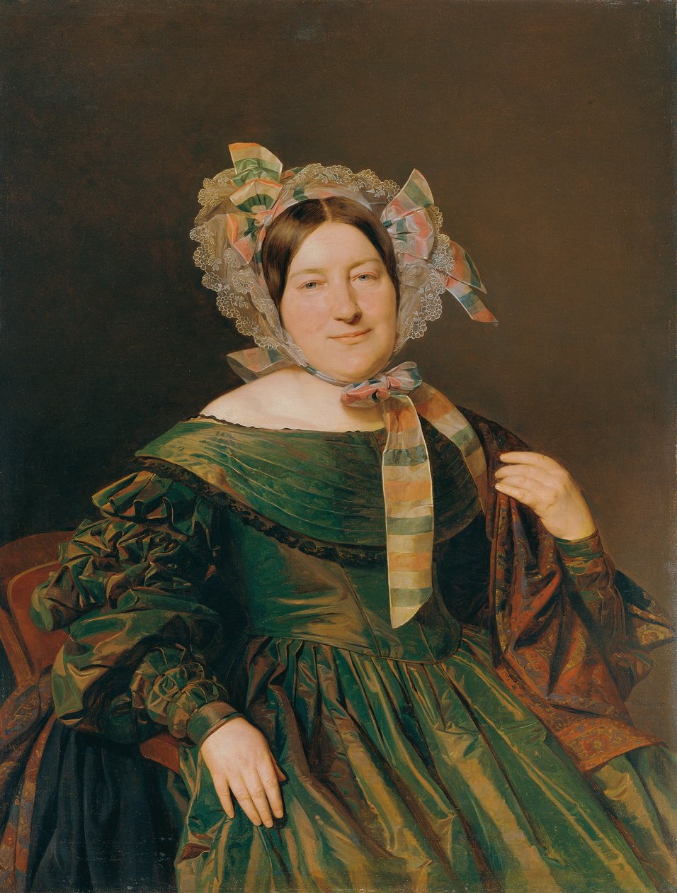 Yeşil, somon kırmızısı yanardöner elbiseli kadın by Ferdinand Georg Waldmuller