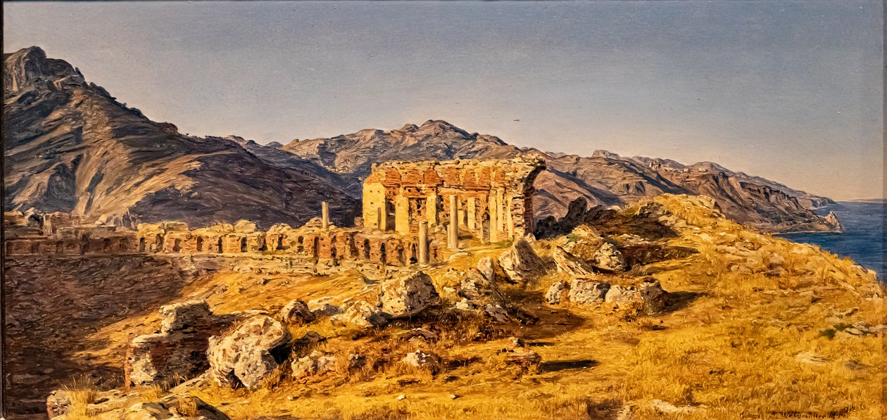 Messina boğazına doğru Taormina Yunan tiyatrosunun kalıntıları by Ferdinand Georg Waldmuller