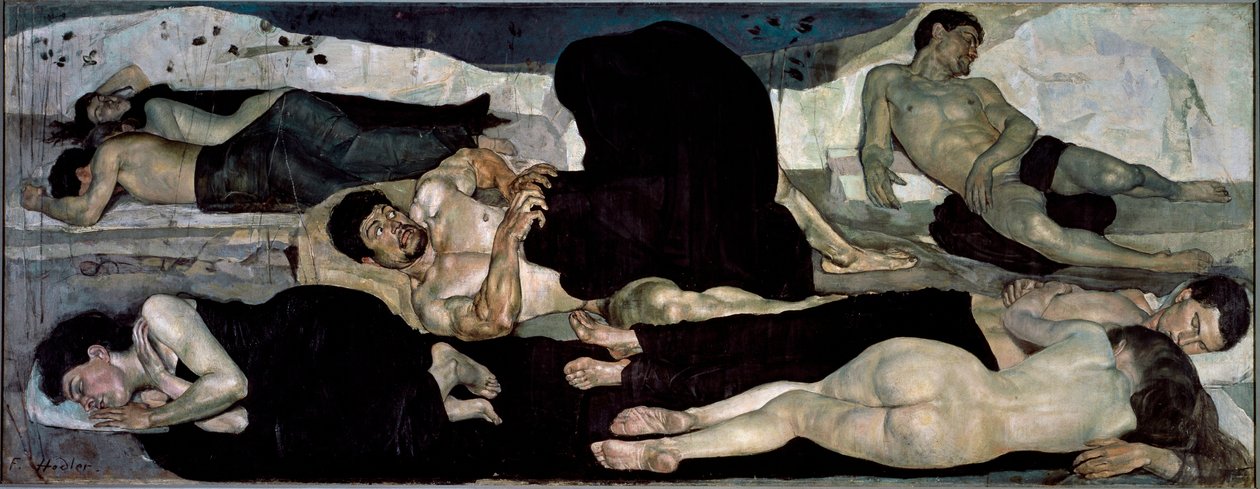 Geceleri Bir grup çıplak uyuyan, içlerinden biri bir kabusun ortasında by Ferdinand Hodler