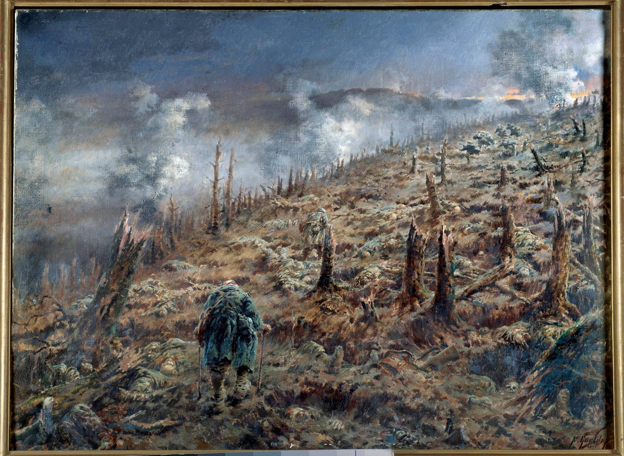 Birinci Dünya Savaşı (1914-1918): “Verdun'daki ölüm vadisi” Savaştan sonra harabe ve kül manzarası. Ferdinand Joseph Gueldry'nin (1858-1945) 1916 Paris tablosu. İki Dünya Savaşı Müzesi by Ferdinand Joseph Gueldry
