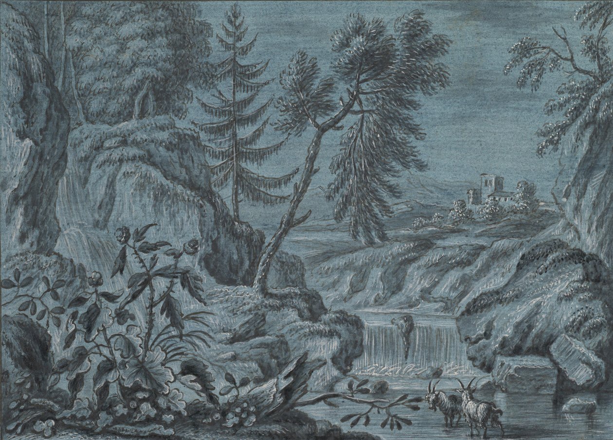 Bir Şelale ve Keçi ile Güney Manzarası, 18. yüzyılın sonlarında. by Ferdinand Kobell.