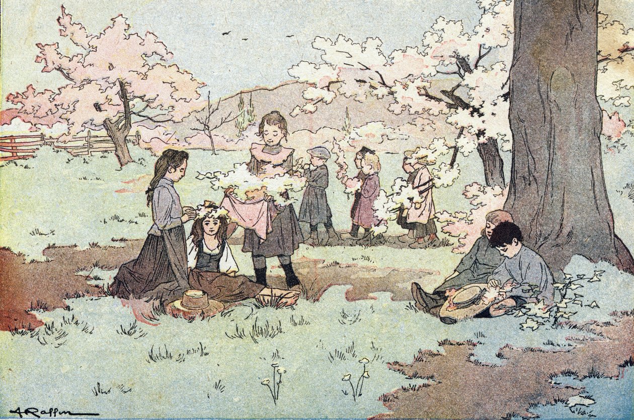 Imagier de l'enfance'de, tarlalardan çiçek toplayan çocuklar, 1900 dolayları (gravür) by Ferdinand Raffin