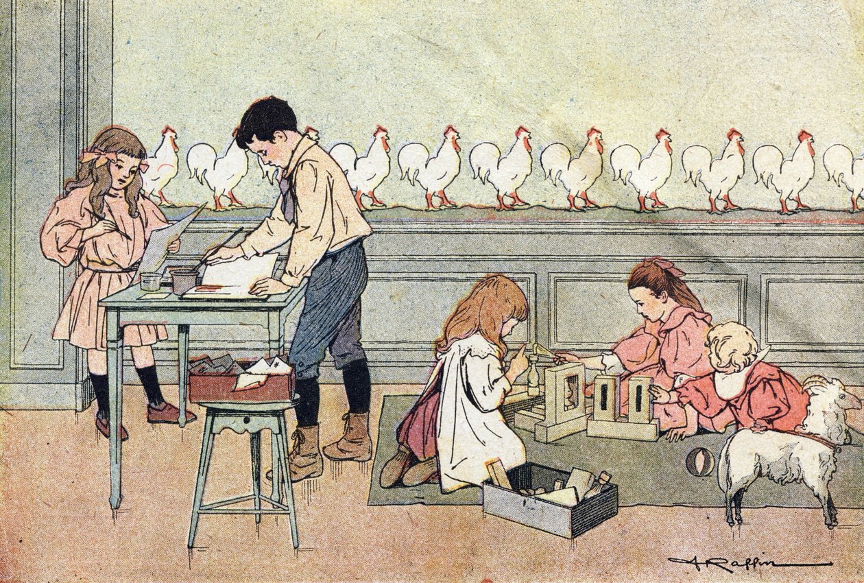 Yağmurlu bir günde evin içindeki oyunlar, Imagier de l'enfance'de, 1900 dolayları (gravür) by Ferdinand Raffin
