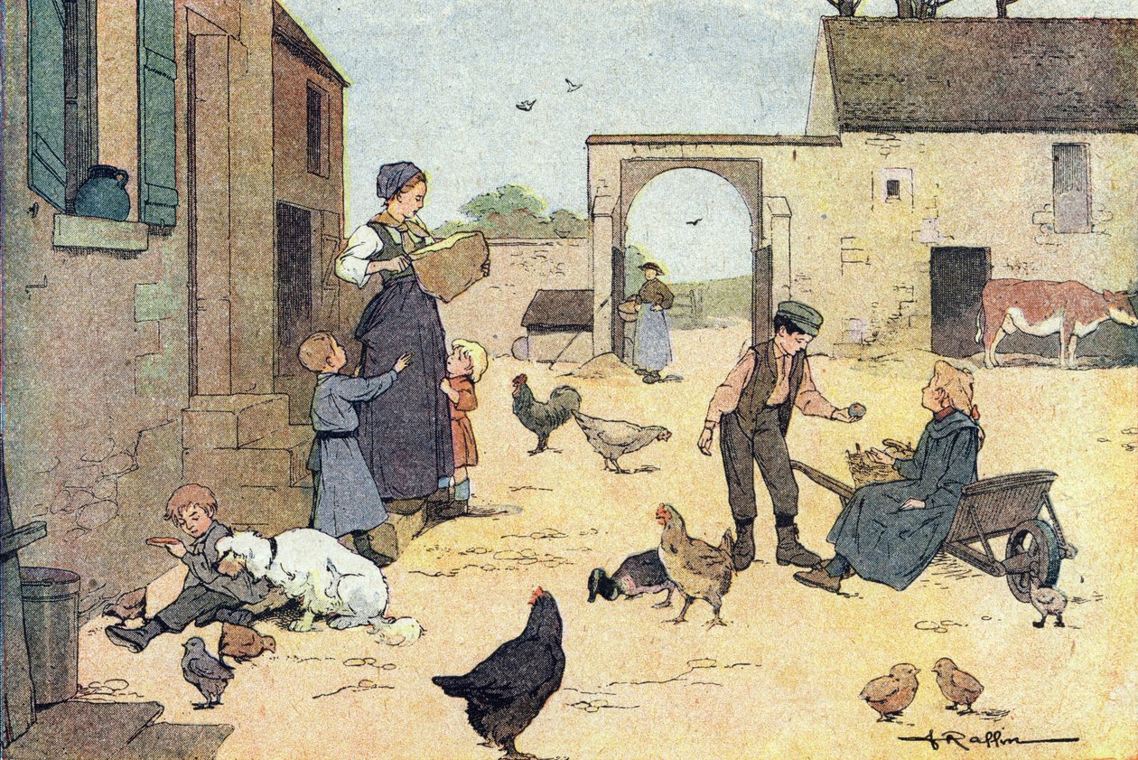 Imagier de l'enfance'deki çiftliğin bahçesinde tadım, 1900 dolayları (gravür) by Ferdinand Raffin