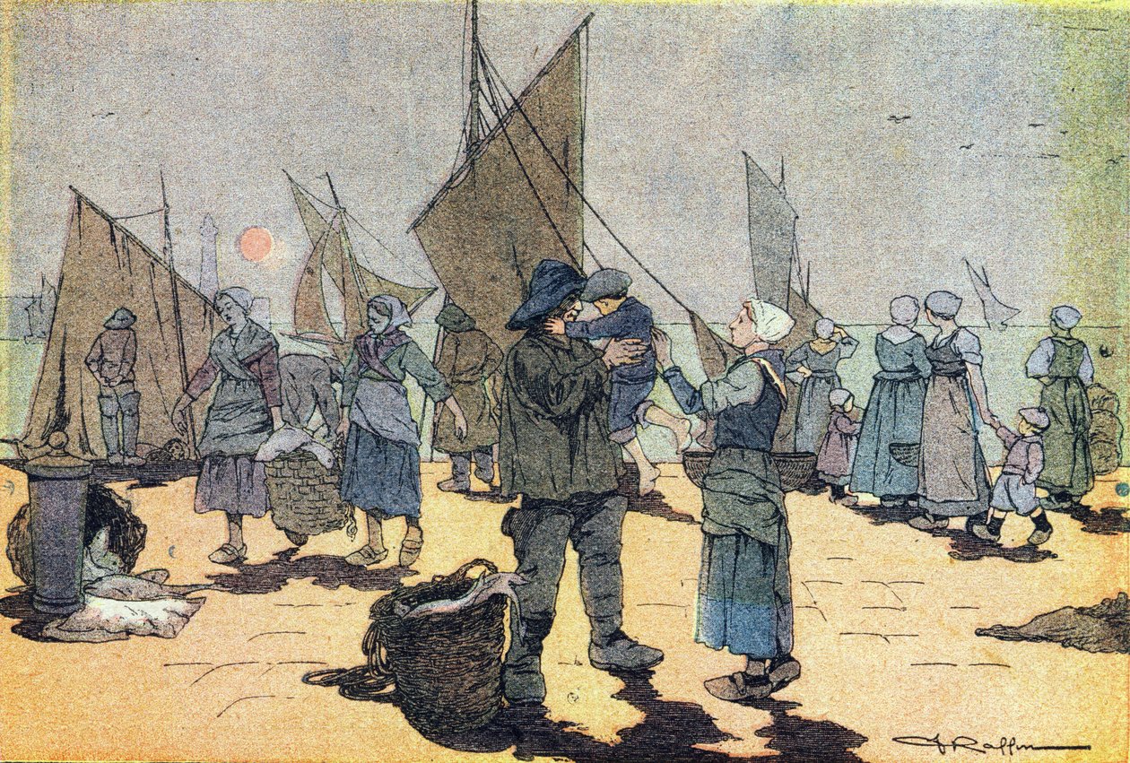 Balıkçılığın dönüşü, Imagier de l'enfance'de, 1900 dolayları (gravür) by Ferdinand Raffin