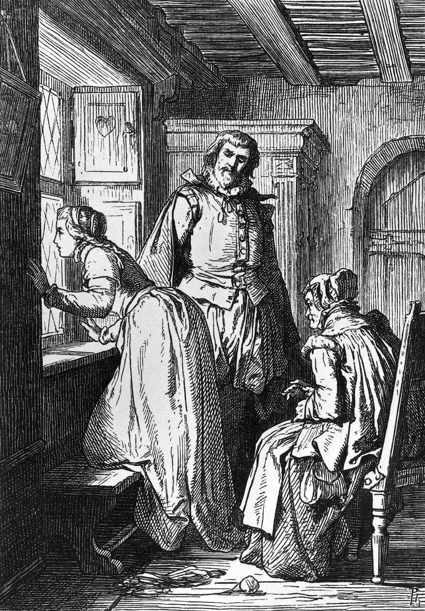 Klaerchen Egmont'u bekliyor, Egmont için illüstrasyon, Johann Wolfgang von Goethe'nin trajedisi (1749-1832), Ferdinand Rothbart'ın (1823-1899) çiziminden sonra gravür by Ferdinand Rothbart