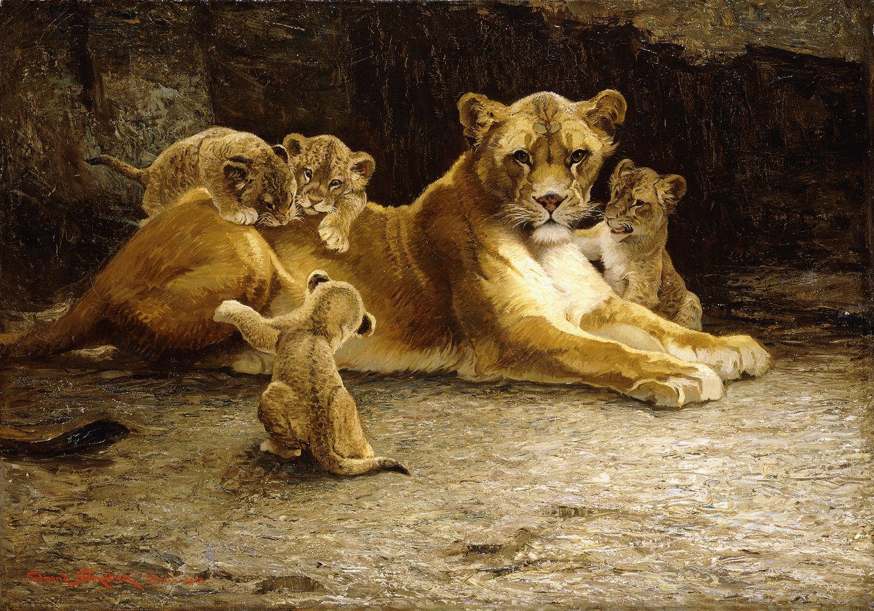 Yavrularıyla birlikte bir dişi aslan by Ferdinand Schebek