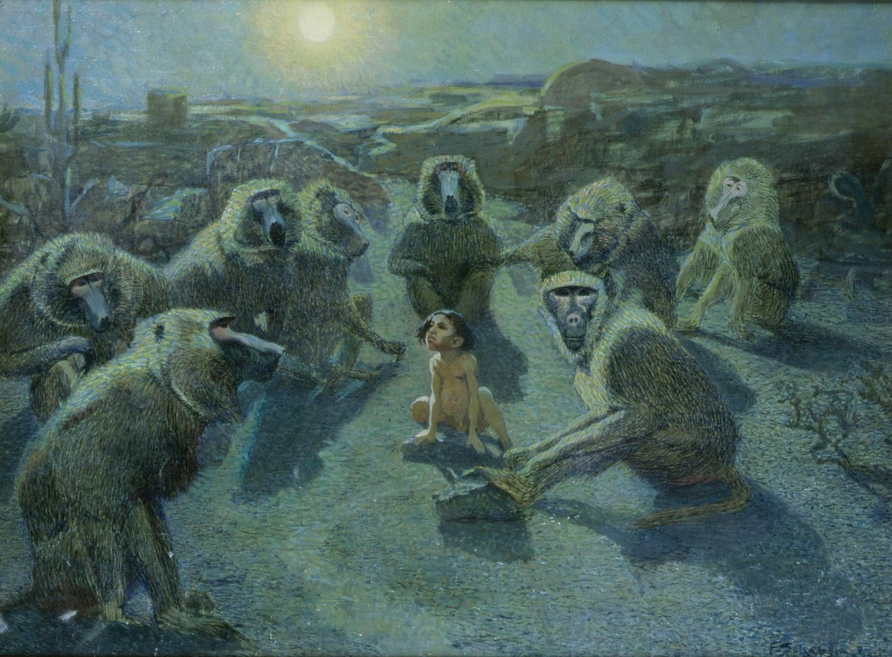 Maymunlar Tarafından Yakalanan Mowgli (tuval üzerine yağlı boya ve mürekkep) by Ferdinand Schebek
