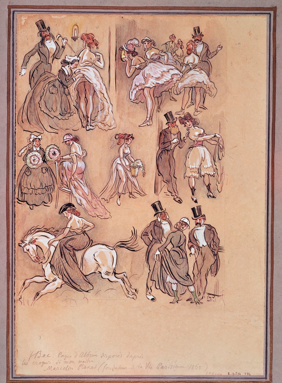 İkinci Fransız İmparatorluğu: dansçılar, biniciler ve zarif beyler için moda plakası (gravür) by Ferdinand Sigismund Bac