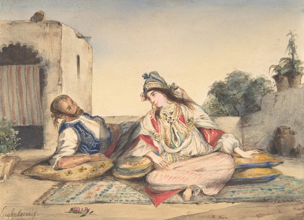 Teraslarında Mağribi Bir Çift, 1832 (dokuma kağıt üzerine grafit üzerine wc) by Ferdinand Victor Eugene Delacroix