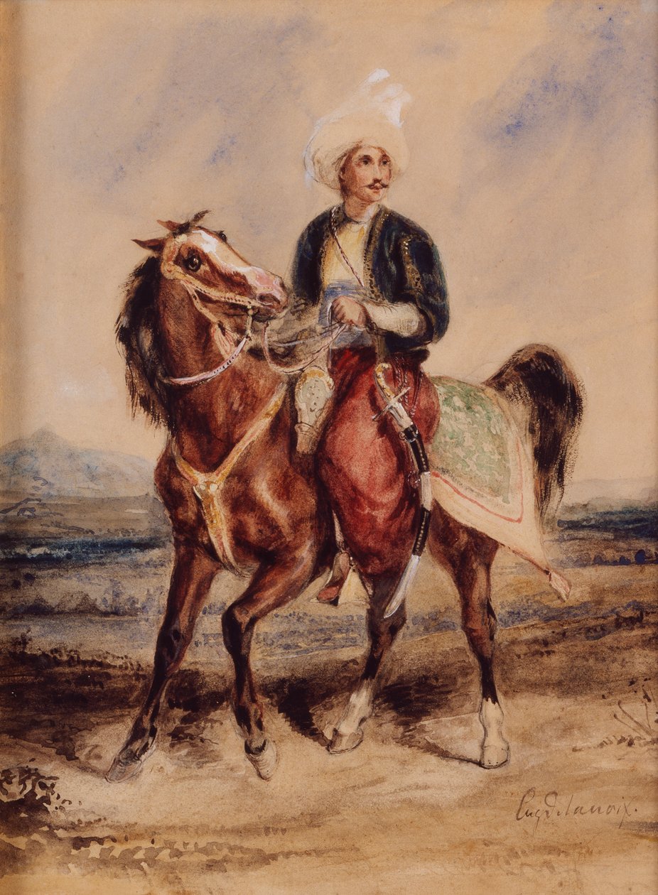 Manzara İçinde At Sırtında Bir Arap Savaşçı (kağıt üzerine suluboya) by Ferdinand Victor Eugene Delacroix