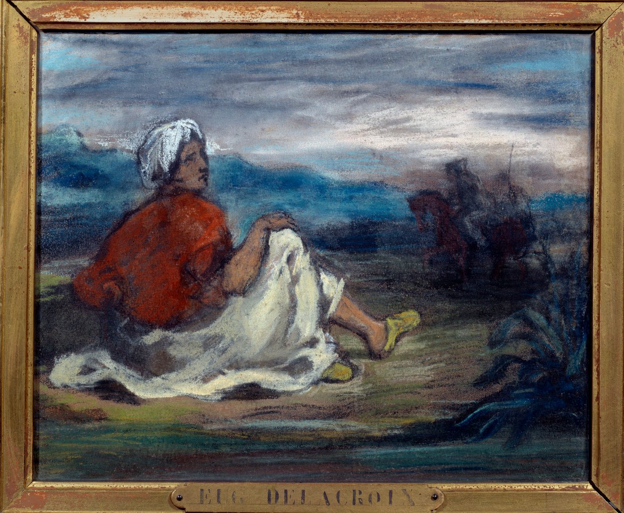 Kırsal kesimde bir yolun kenarında oturan bir Arap Eugene Delacroix