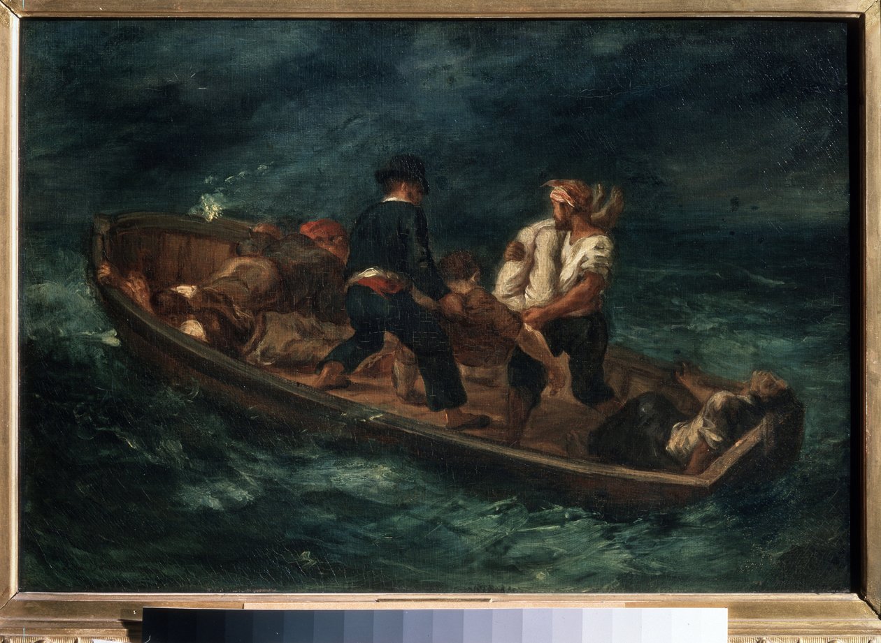 "Bir Gemi Enkazından Sonra" ("Kanoda Terk Edilmiş Gemi Enkazları" olarak da bilinir) Salda bir gemi enkazından sağ kalanlar. Eugene Delacroix (1798-1863) 1847 Puşkin Güzel Sanatlar Müzesi, Moskova by Ferdinand Victor Eugene Delacroix