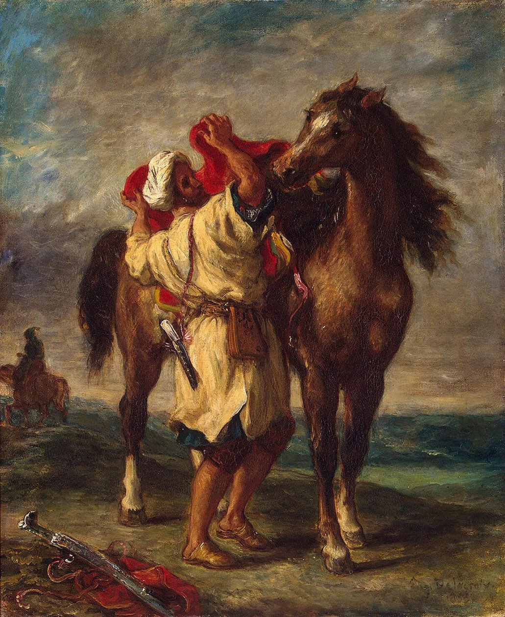 Arap atını eyerliyor by Ferdinand Victor Eugene Delacroix