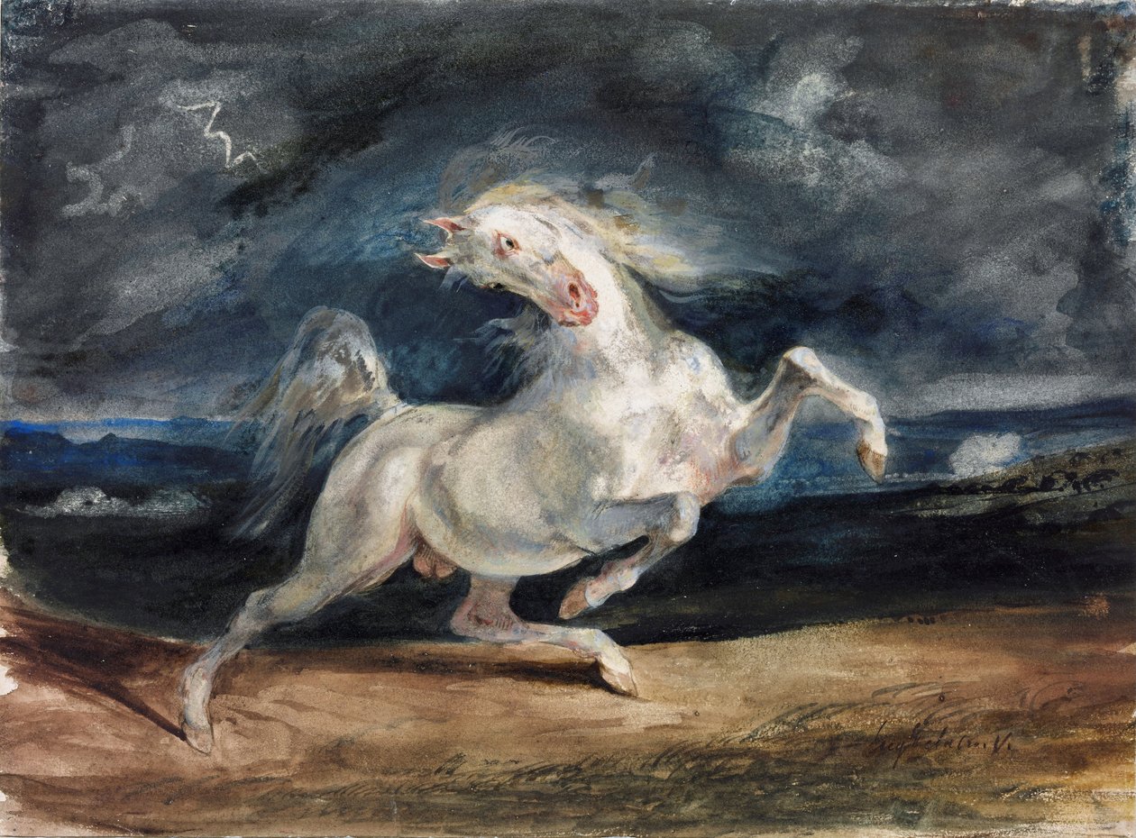 Yıldırımdan Korkan At - Yıldırımdan Korkan At - Delacroix, Eugene (1798-1863) - 1825-1829 - Suluboya, Kağıt Üzerine Guaj - 23.6x32 - Szepmuveszeti Muzeum, Budapeşte by Ferdinand Victor Eugene Delacroix