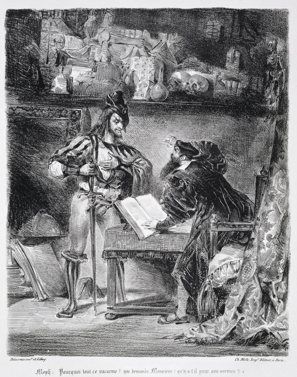 Faust ve Mephistopheles Arasındaki İlk Buluşma: Goethe'nin Faust'undan, 1828, (illüstrasyon) (bw litografi fotoğrafı) 'Neden tüm bu Gürültü' by Ferdinand Victor Eugene Delacroix