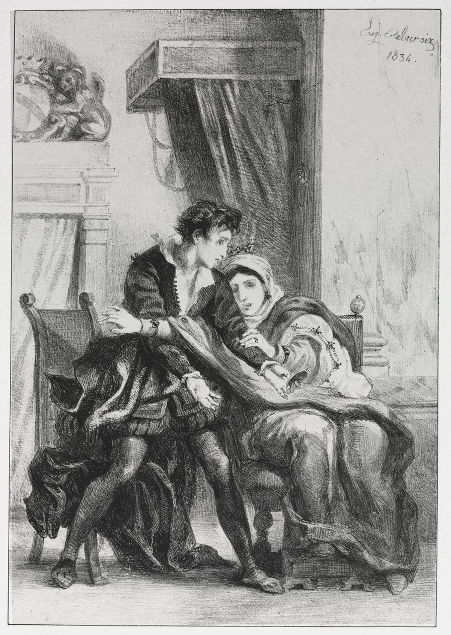 Hamlet: Hamlet ve Kraliçe, 1834. by Ferdinand Victor Eugene Delacroix