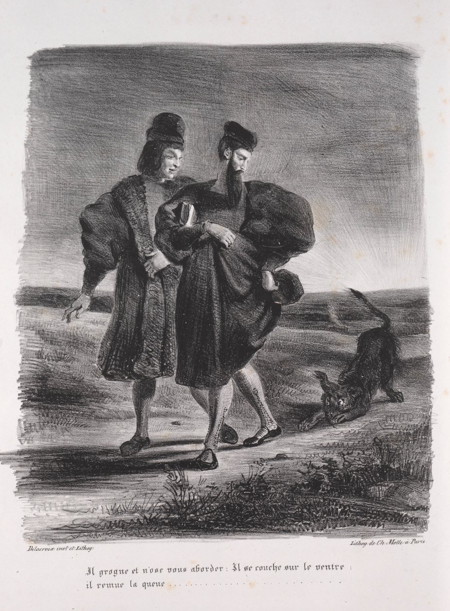 Faust için çizimler: Faust, Méphistophélé ve barbet, 1828. by Ferdinand Victor Eugene Delacroix