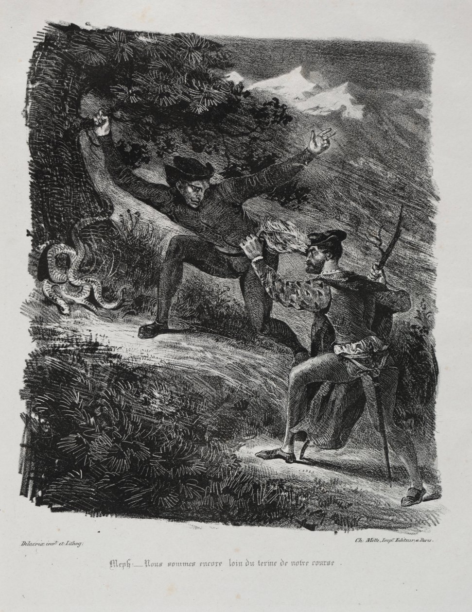 Faust için çizimler: Hartz dağlarında Faust ve Méphistophélés, 1828. by Ferdinand Victor Eugene Delacroix