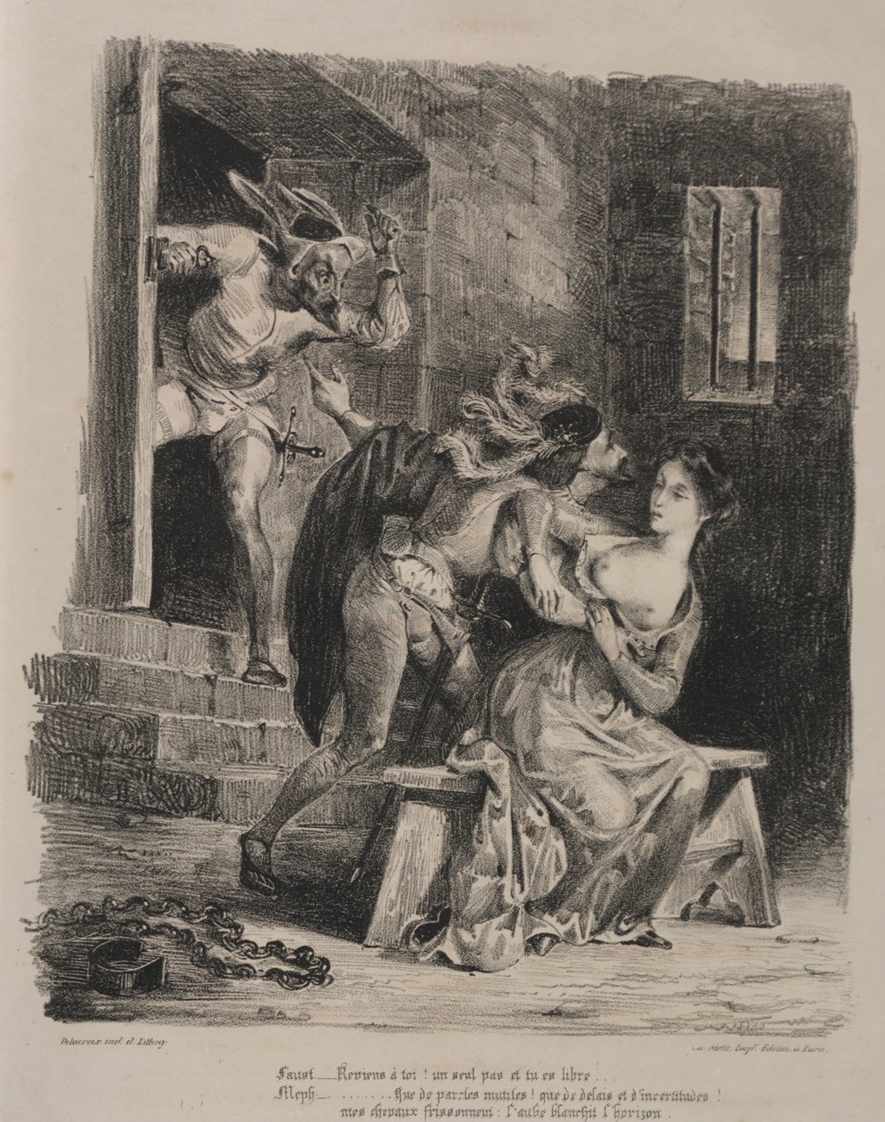 Faust için çizimler: Marguerite hapishanesinde Faust, 1828. by Ferdinand Victor Eugene Delacroix