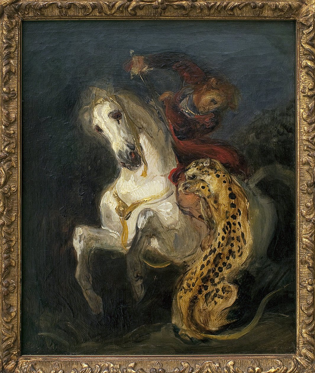 Jaguar bir biniciye saldırıyor. Eugene Delacroix (1798-1863), Tuval Üzerine Yağlıboya Tablo by Ferdinand Victor Eugene Delacroix