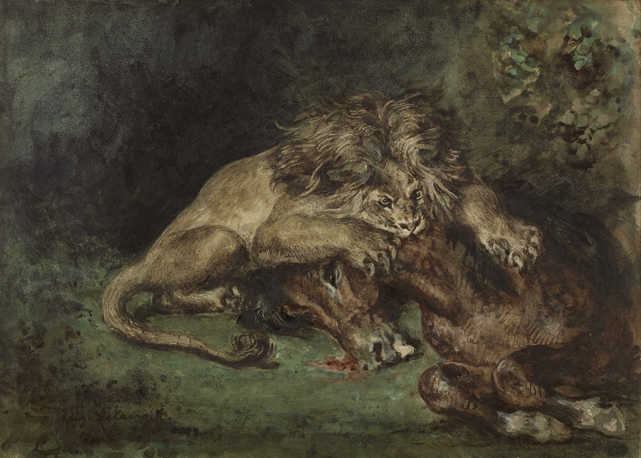 Aslan dévorant un cheval (Atı Yiyen Aslan), c. 1844 (kağıt üzerine grafitli suluboya, gövde rengi ve Arap zamkı, kartona monte edilmiş) by Ferdinand Victor Eugene Delacroix
