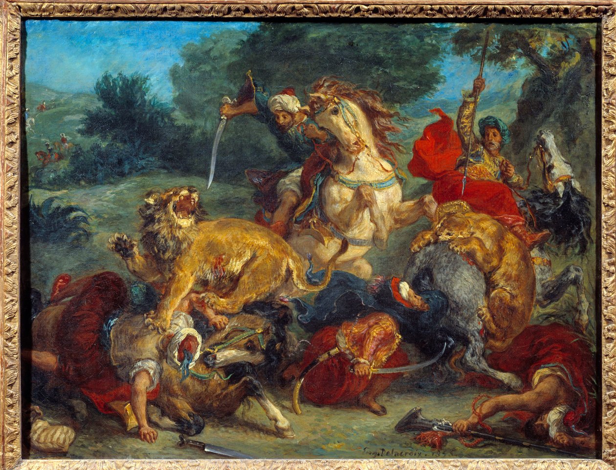 Aslan avı. Eugene Delacroix (1798-1863) tarafından yapılan boyama by Ferdinand Victor Eugene Delacroix