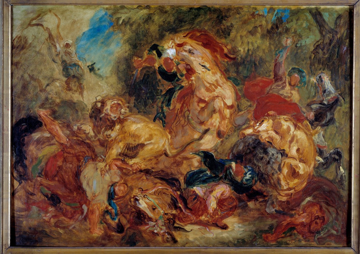 Aslan avı. Eugene Delacroix (1798-1863) tarafından eskiz by Ferdinand Victor Eugene Delacroix