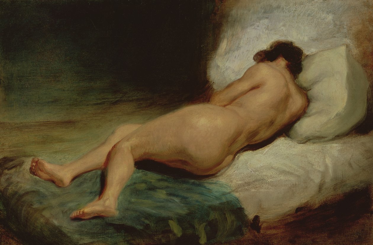 Bir yatakta yatan çıplak kadın by Ferdinand Victor Eugene Delacroix