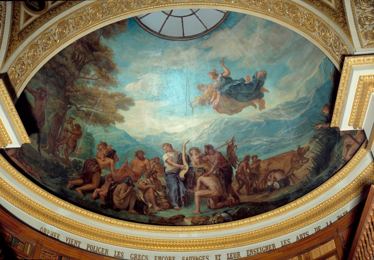 Orphee hala vahşi Yunanlıları denetlemeye gelir ve barış sanatlarını öğretir Eugene Delacroix (1798-1863) tarafından Ulusal Meclis kütüphanesinin (Palais Bourbon) 1843 Paris kubbesini süsleyen fresk by Ferdinand Victor Eugene Delacroix