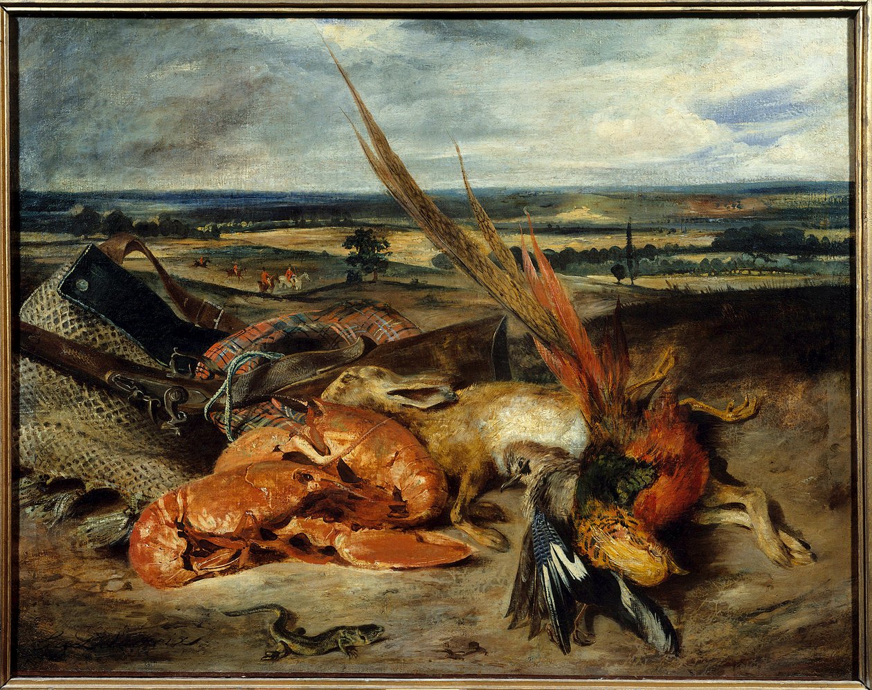 Istakoz ve avcılık ve balıkçılık kupaları ile natürmort resmi Eugene Delacroix (1798-1863) 1827 Güneş. 0,80 x 1,06 m Paris. Louvre müzesi by Ferdinand Victor Eugene Delacroix