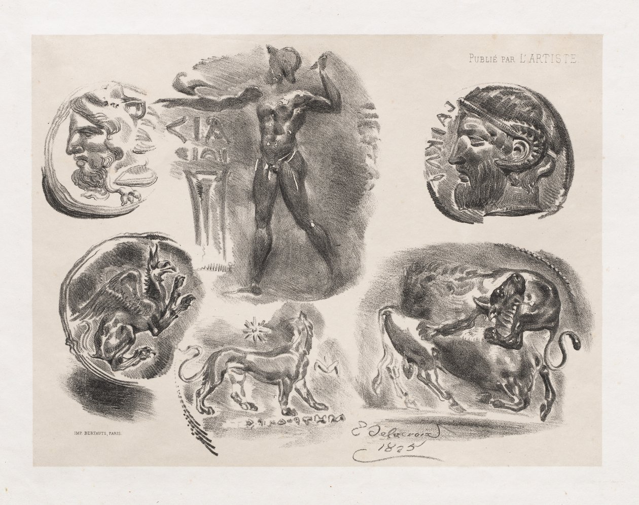 Altı Antik Sikke Levhası, 1825. by Ferdinand Victor Eugene Delacroix