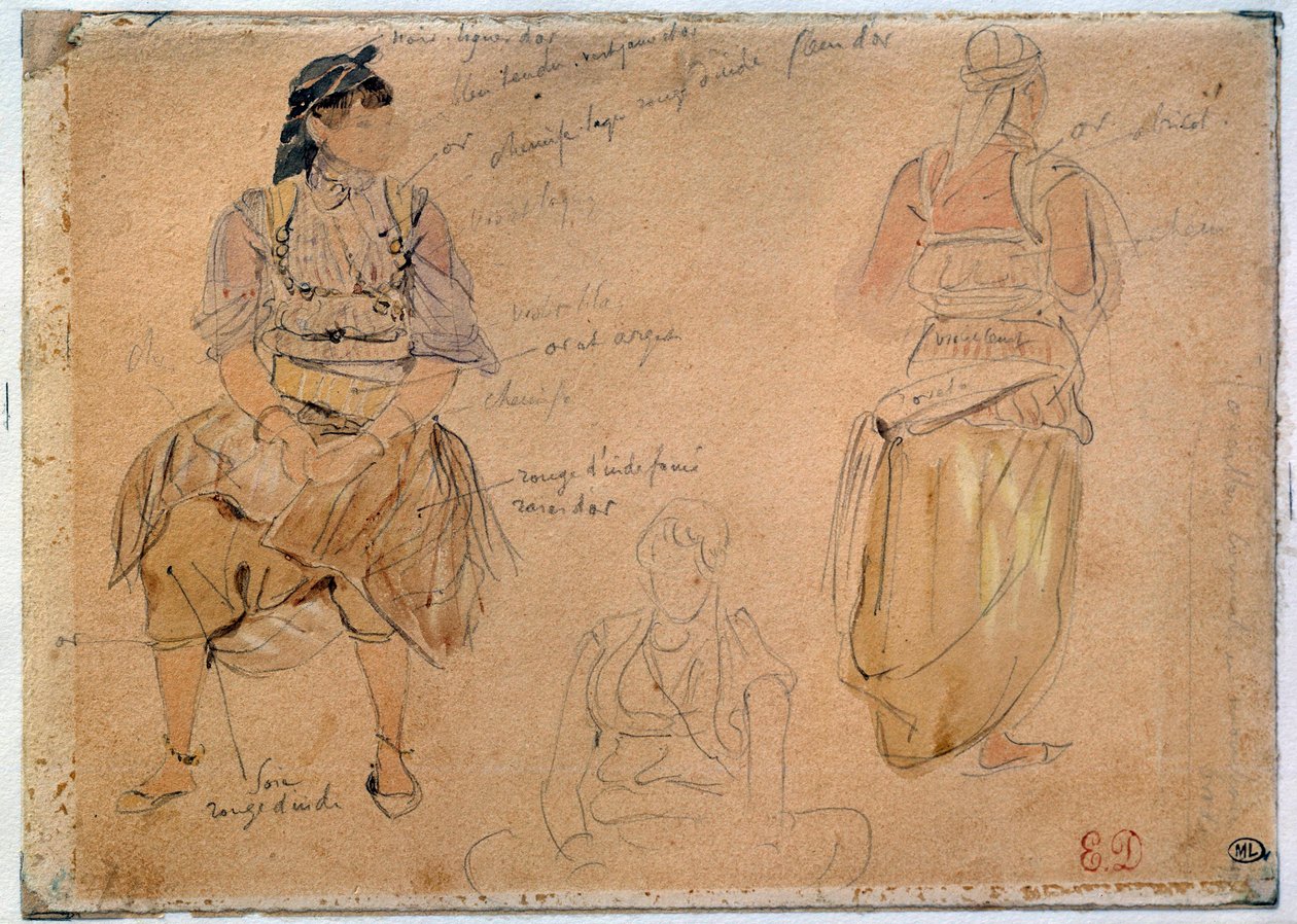 Arap Kadınları Çalışmaları Eugene Delacroix (1798-1863) 1832 Paris, Louvre Müzesi tarafından suluboya vurgularıyla kurşun madeni çizimi by Ferdinand Victor Eugene Delacroix